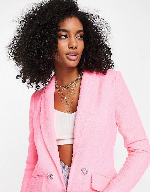 River Island - co-ord boucle button front jacket and curve hem mini skirt in brigh