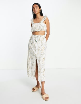 River Island co-ord broderie crop top and skirt in light beige | ASOS