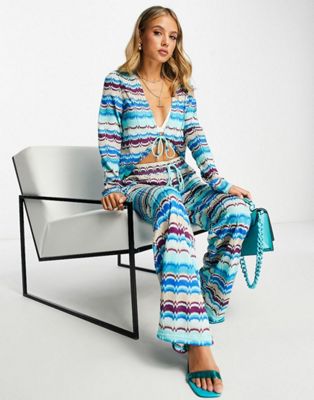 River Island co-ord zig zag knit wide leg beach trouser and cover up set in blue