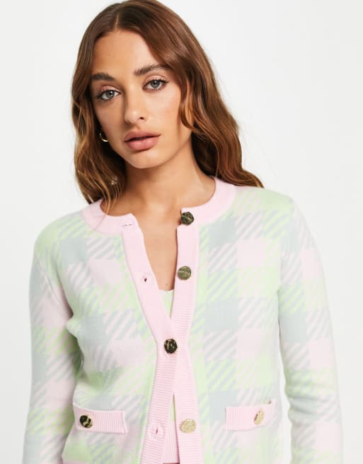 River Island - Coordinato con cardigan e crop top con motivo a quadri, colore rosa chiaro