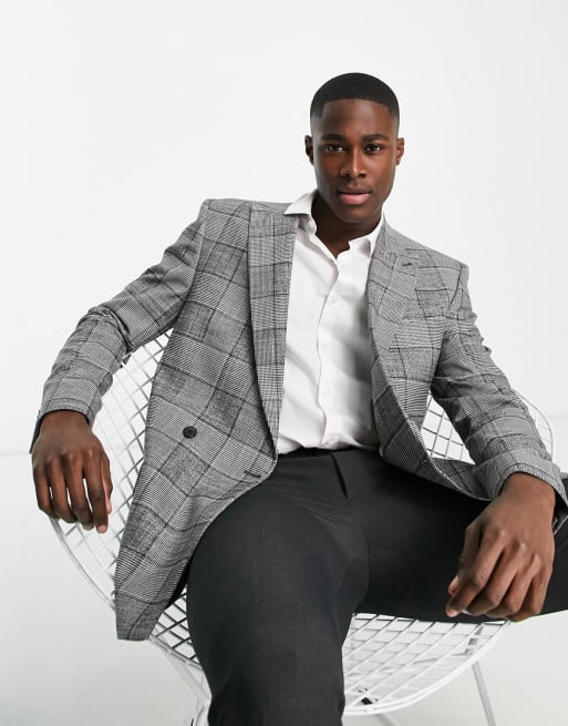 River Island double breasted check suit jacket and pants in gray