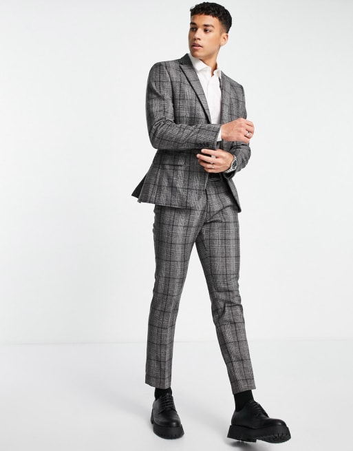 River Island – Eng geschnittener Anzug mit grauem Schottenkaromuster