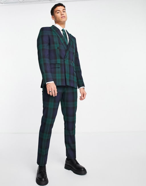 River Island – Grön skotskrutig kostym i extra smal passform