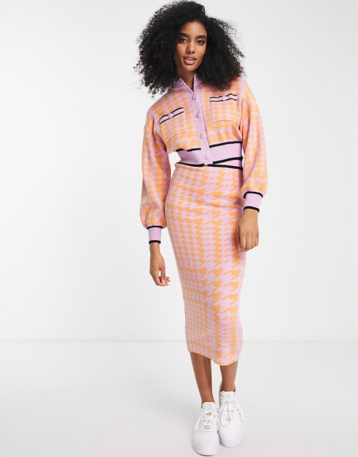 River Island houndstooth check cardigan skirt set in orange ASOS