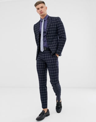 River Island - Kostuum in marineblauw met ruitmotief.