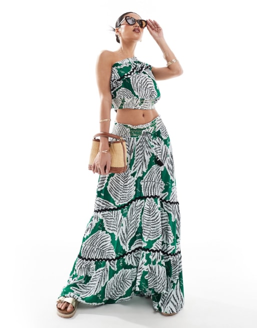 River Island leaf print one shoulder top set in green