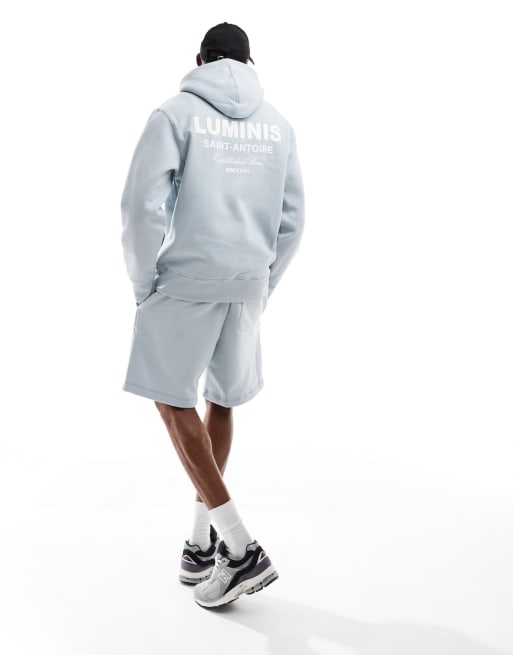 River Island Luminis shorts and hoodie set in light blue