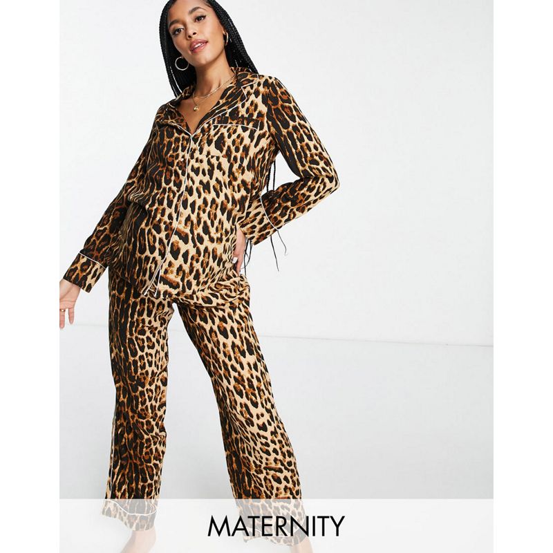 oFhX3 Donna River Island Maternity - Coordinato pigiama con camicia e pantaloni in raso marrone con stampa leopardata