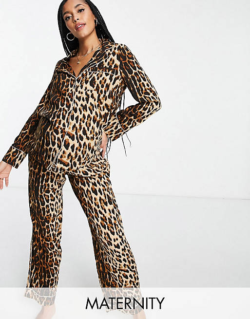 River Island Maternity leopard print satin pyjama shirt & pants set in brown