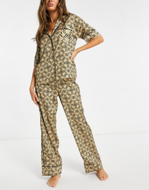 River Island Plus monogram print pajama shirt & pants set in beige