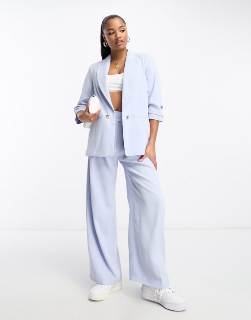 River Island Petite blazer and wide leg dad pants set in light blue