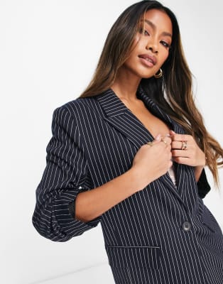 River Island pinstripe pleat wide leg dad trousers in navy