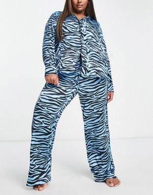 River Island Plus zebra satin pyjama trouser and shirt in blue