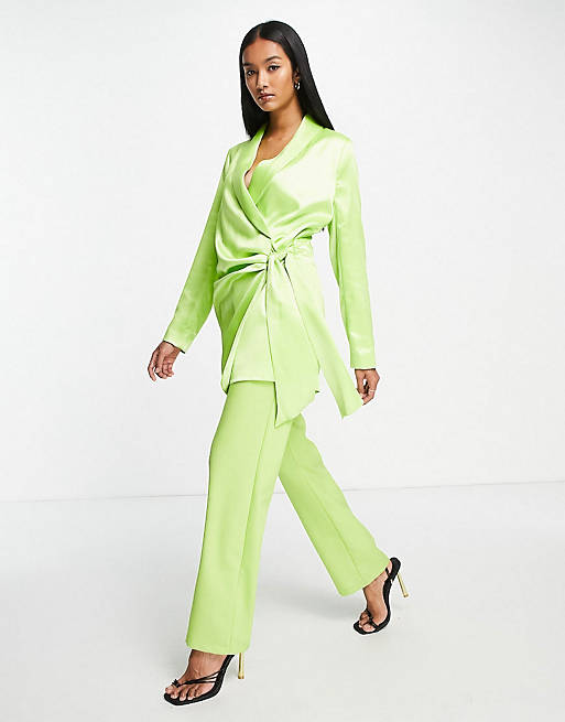 River Island satin belted blazer and tailored pants set in green
