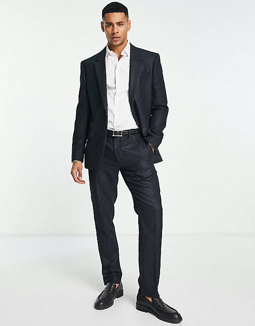 River Island textured slim suit in navy check | ASOS