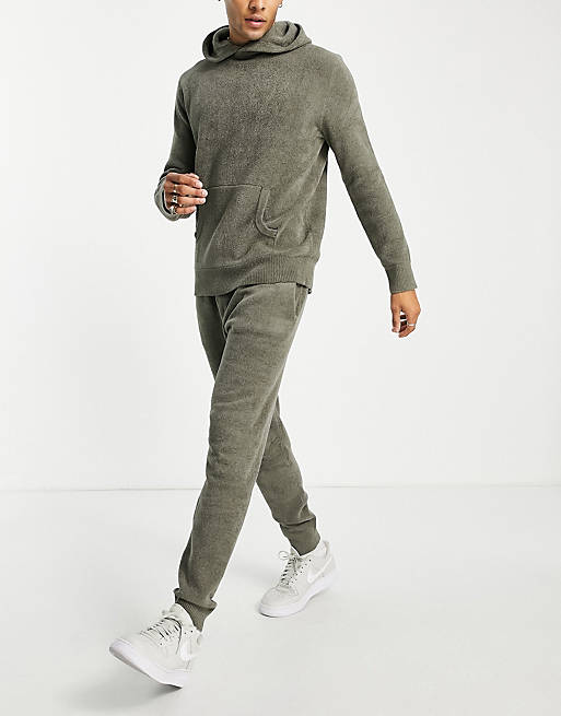 River Island towelling co-ord t-shirt, hoodie and jogger in khaki