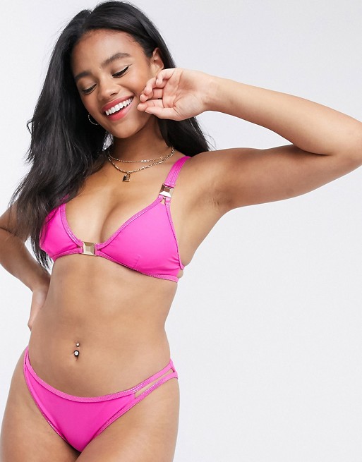 River Island triangle clip detail bikini top in fuschia pink