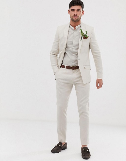 River Island wedding skinny linen suit in ecru