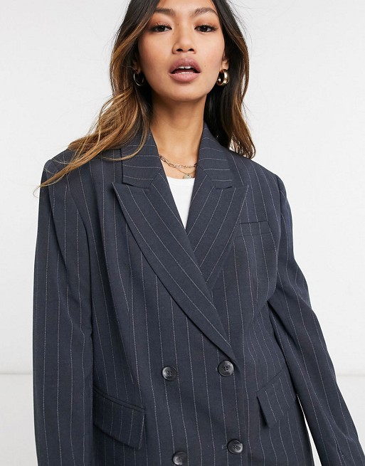 Selected Femme double breasted blazer and wide leg trouser co ord in pinstripe