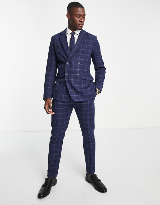 Selected Homme double breasted suit in navy check linen mix | ASOS