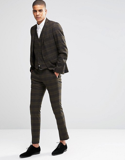 Selected Homme Khaki Suit with Check in Skinny Fit with Stretch