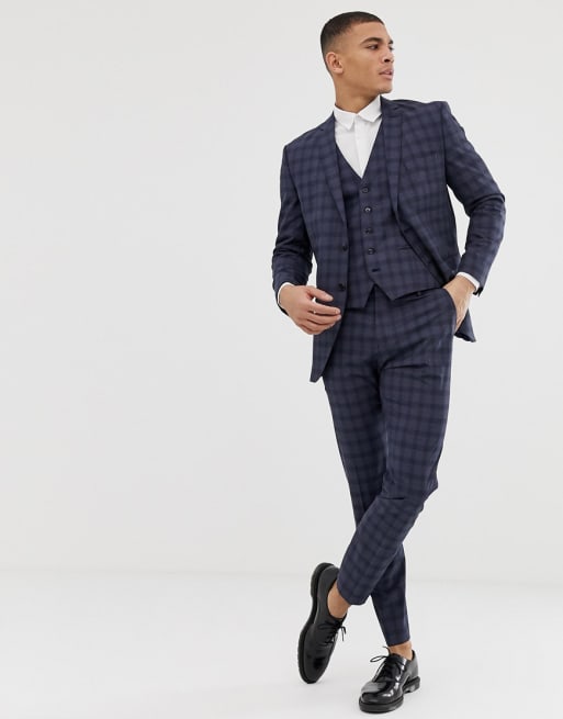 Selected Homme – Marinblårutig kostym med smal passform 