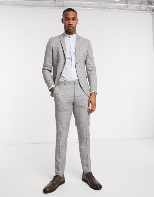 Selected Homme – Schmal geschnittener Anzug mit Stretch und Prince-of-Wales-Karomuster in Grau