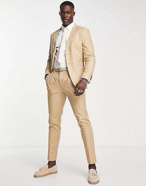 Selected Homme slim fit suit in sand linen mix