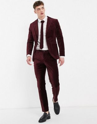 Selected Homme slim fit velvet suit in burgundy