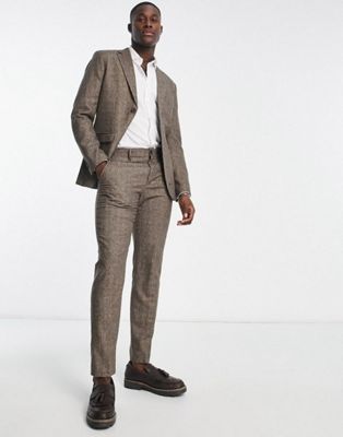 Selected Homme slim fit wool mix suit trousers in brown check