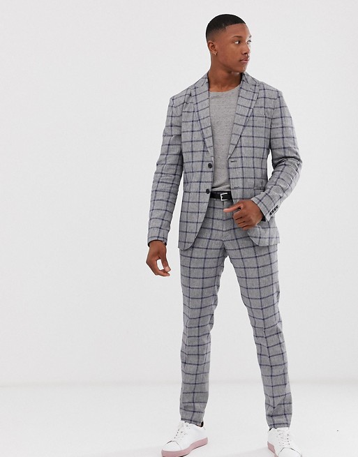 Selected Homme slim suit in window pane check cotton linen