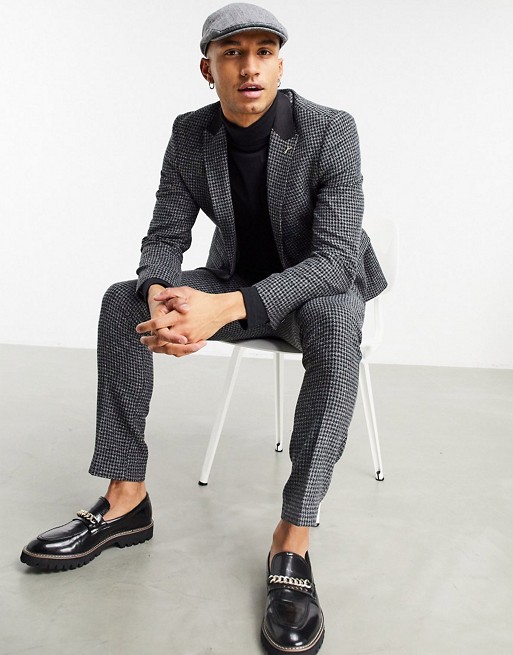 Shelby & Sons slim fit suit trousers in charcoal grey dogtooth