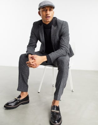 Shelby & Sons slim fit suit jacket with contrast lapel in charcoal grey dogtooth