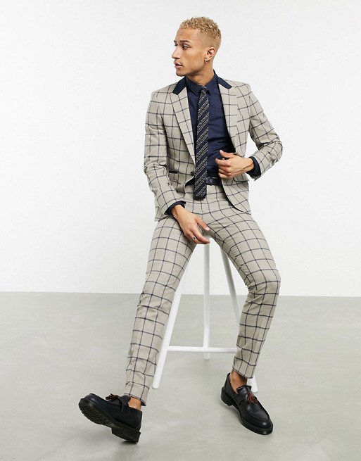 Shelby & Sons slim suit in brown with navy window pane check