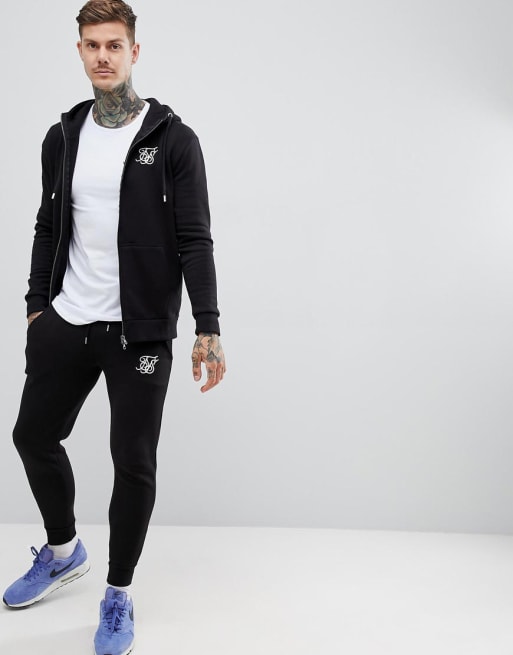 SikSilk – Muskel-Trainingsanzug in Schwarz mit Seitenstreifen