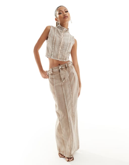 Simmi denim sleeveless top and maxi skirt co-ord in light wash sand