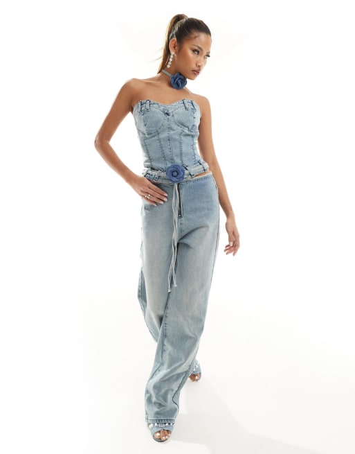 Simmi denim structured corset top and jeans with corsage set in light wash blue