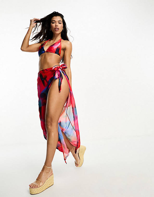 Simmi Clothing - Simmi halterneck bikini top and bottom co-ord with beach sarong in red marble pr