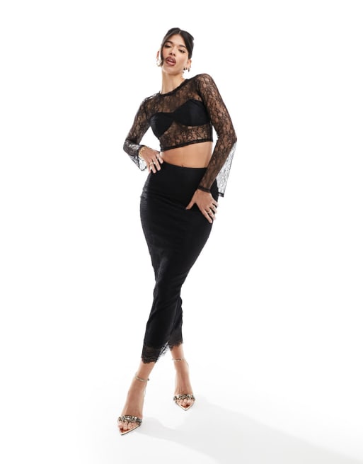 Simmi lace flared sleeve top and maxi skirt co-ord in black