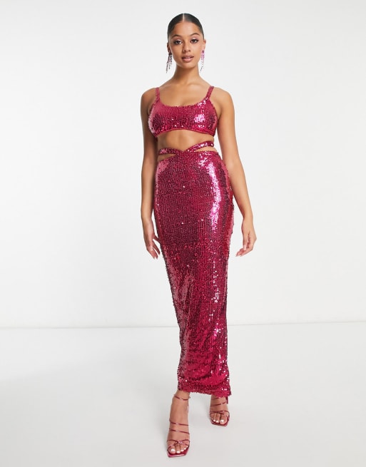 Simmi Tall Summer sequin bralet and cut out waist maxi skirt set in pink