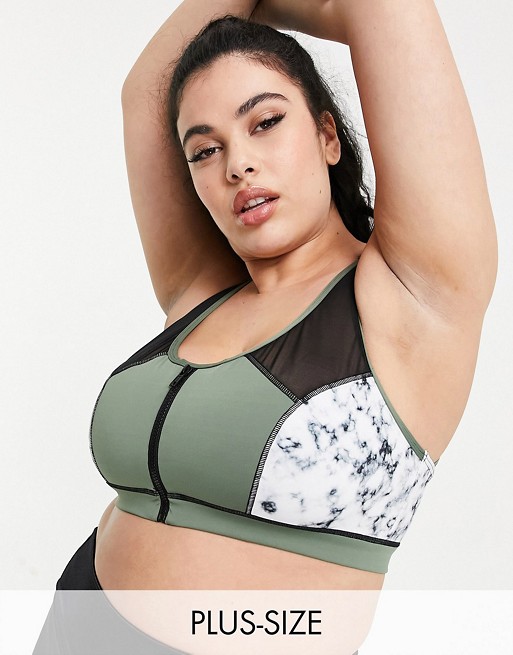 Simply Be Active sports bra in khaki marble print