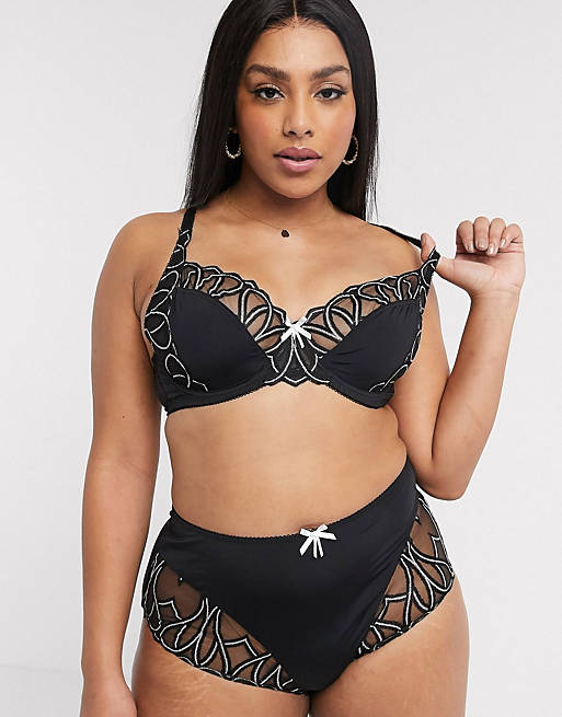 Simply Be Amelie embroidered lingerie set in black
