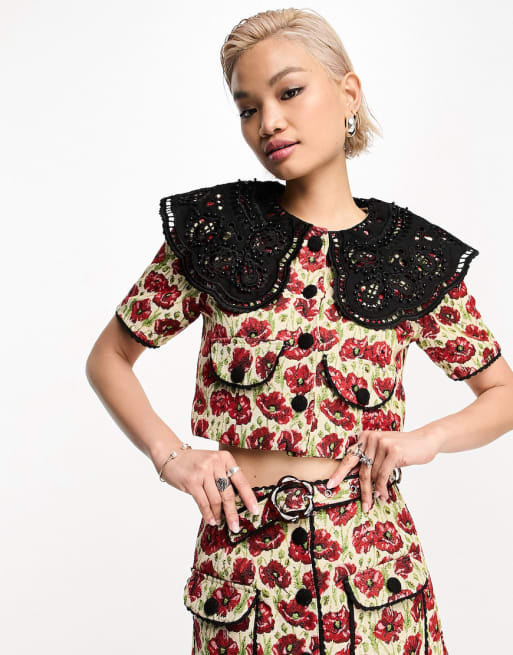 Sister Jane contrast lace collar top and skirt set in poppy print