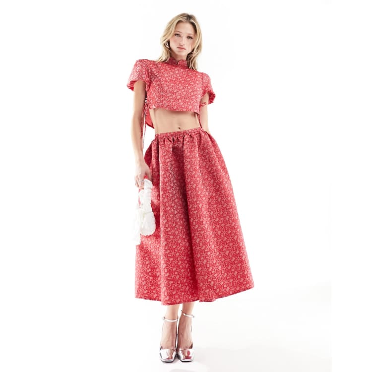 Sister Jane flower power jacquard tie side crop top and midi skirt