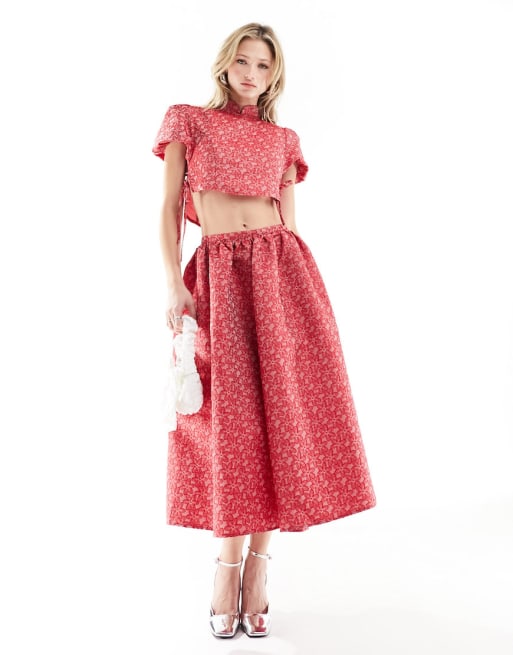 Sister Jane flower power jacquard tie side crop top and midi skirt in red co-ord