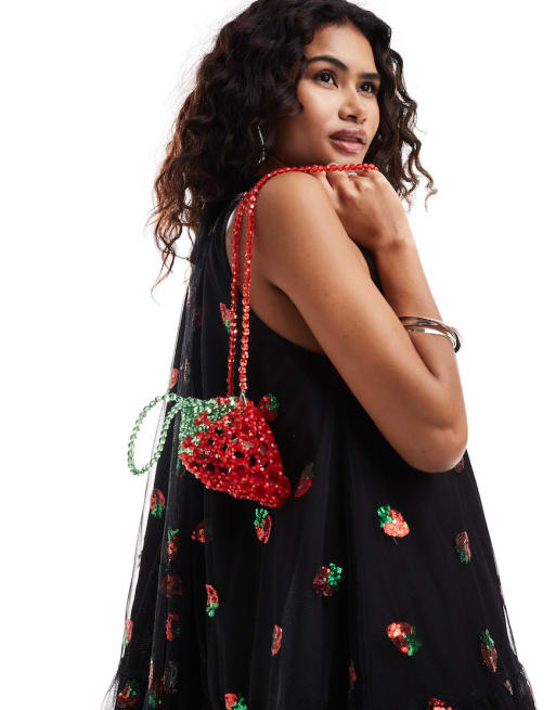 Sister Jane – Set mit Minikleid und perlenbesetzter Tasche in Erdbeer-Optik in Rot