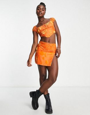 Sisters Of The Tribe orange devore mini skirt and corset top in burnt orange
