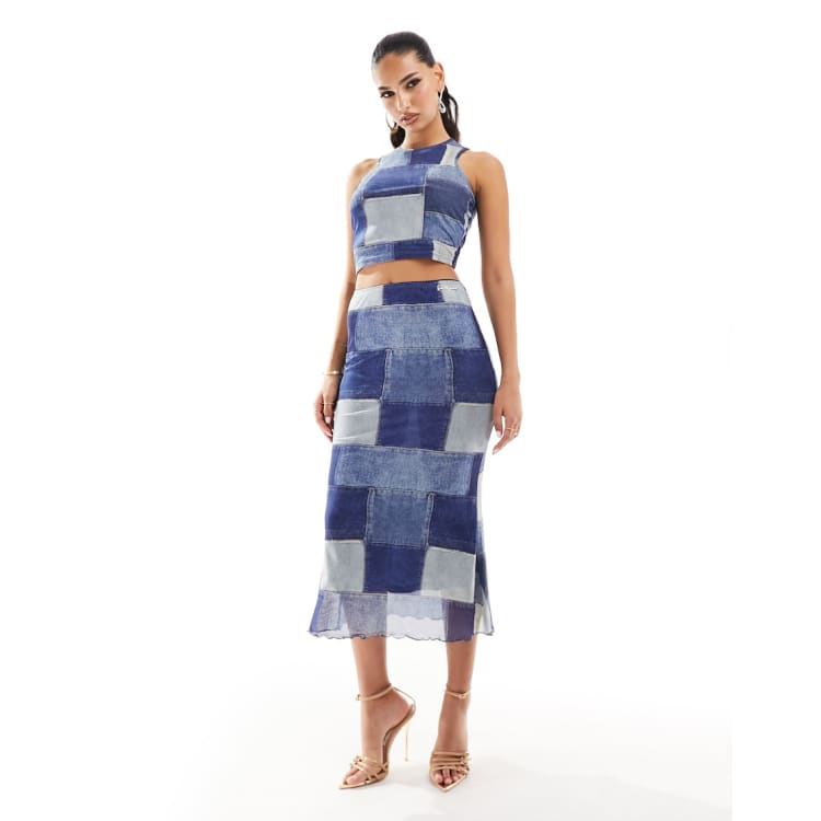 Denim Patchwork Bustier & Asymmetrical Skirt Set