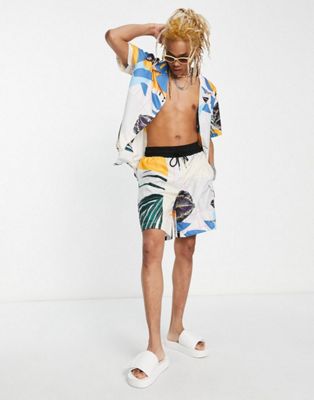 Sixth June co-ord revere collared shirt in white with tropical abstract print