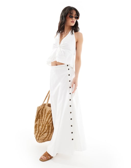SNDYS - Co-ord set van top met linnen-look en knoop en maxi rok in wit